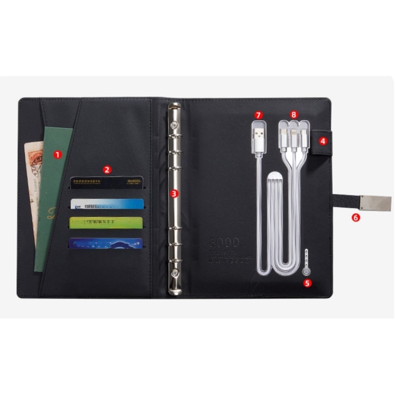 8000mAh Wireless Power Bank Notebook Leather Loose Leaf Binder with LED Light
