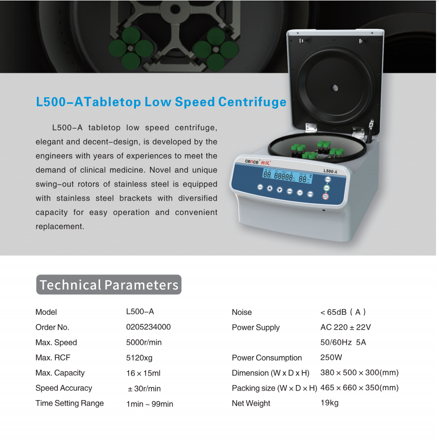L500-A Low Speed Centrifuge Machine with 1 Year Warranty Free Spare Parts and Stainless Rotors for Clinical Research