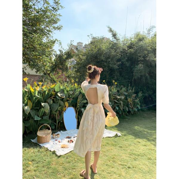 Back Tie Bow Waist Puff Sleeve A Line Dress