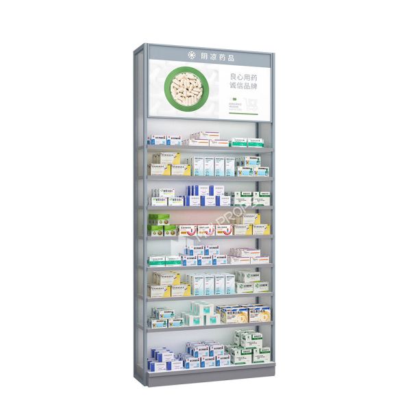 Aluminum Wood Retail Store Shelving Units Medicine Rack For Pharmacy Display Table