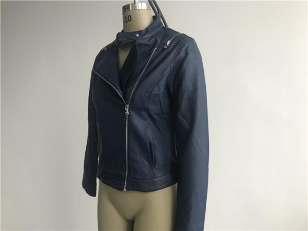 High Fashion Navy Ladies PU Jacket , Womens Leather Coats LEDO1721
