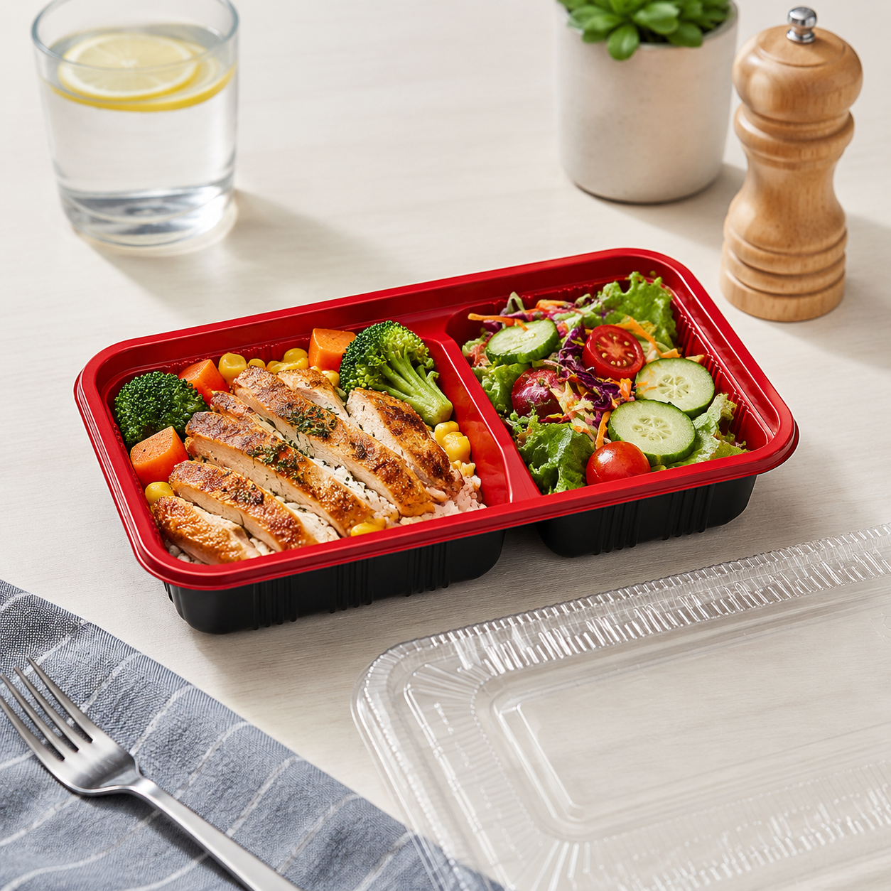 Two Compartment Red Black PP Food Trays for Meal Preparation