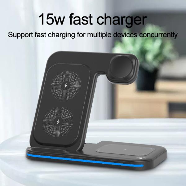 Portable 15W 3 In 1 Fast Charging Desktop Foldable Mobile Phone Universal QI Wireless Charger Stand Holder For Phone Airpod iWatch