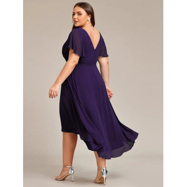 Chic V-neck High-low Short Flutter Sleeves A-line Ruffles Midi Invisible Zipper Dark Purple Chiffon  Cocktail Dress