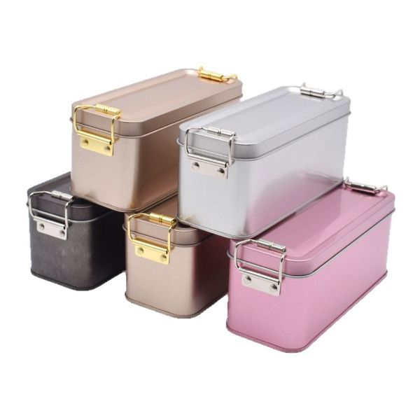 Rectangular Metal Cake Tin Cans Storage Box Hinge Lid Cookie Candy Food