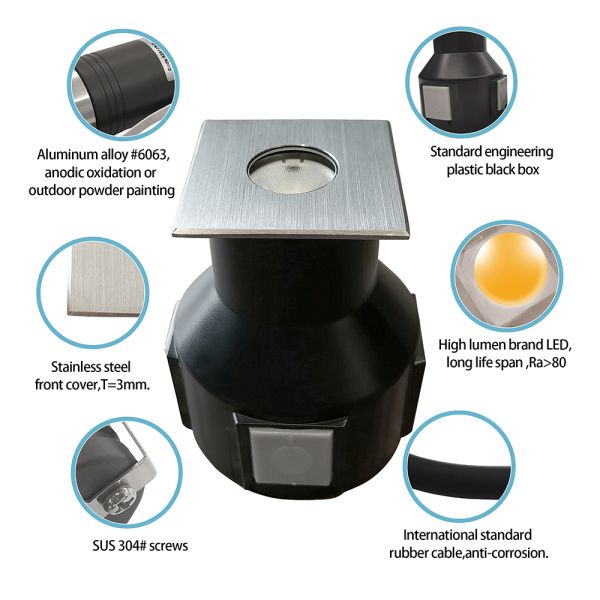 Recessed Underground Light Waterproof 3000K 55*55MM 24V DC IP67  SS316L Square Shape With Frosted Glass
