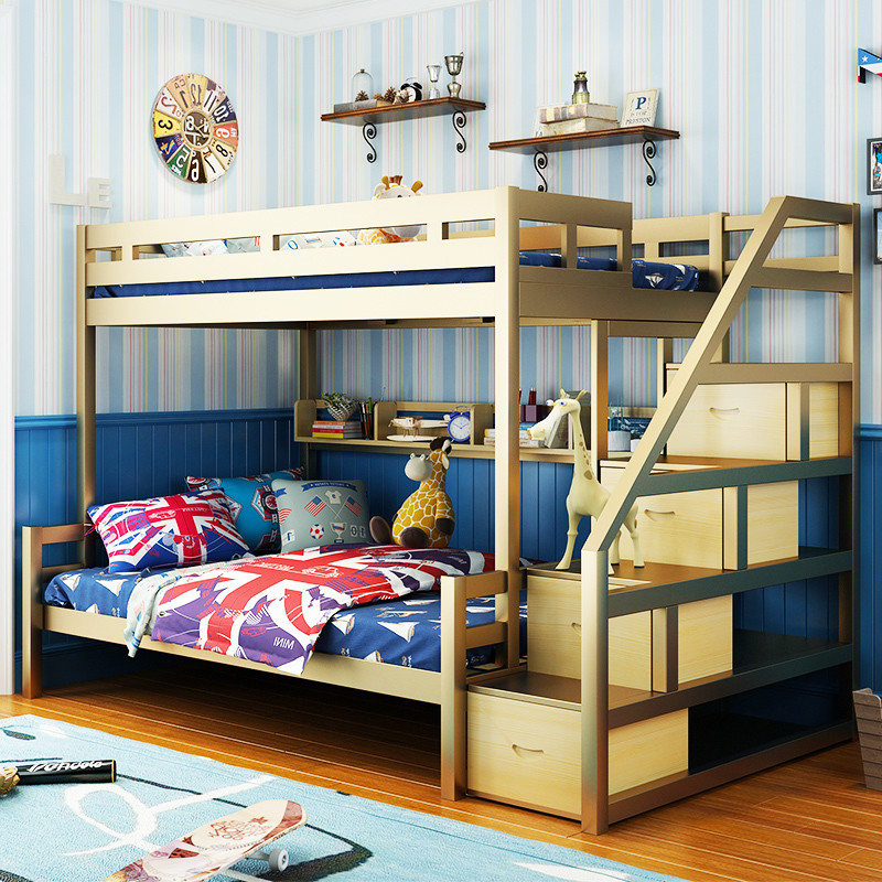School Furniture Metal Single Wooden Child Plywood Loft Bed with Stairs and Drawers