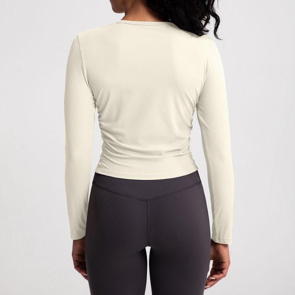 Beige Ribbed Women Activewear Tops Long Sleeve Cropped Stretch Slim Fit Crew Neck