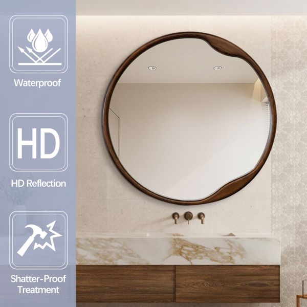Wall Mounted Asymmetrical Walnut Wood Framed Bathroom Mirror For Hotel