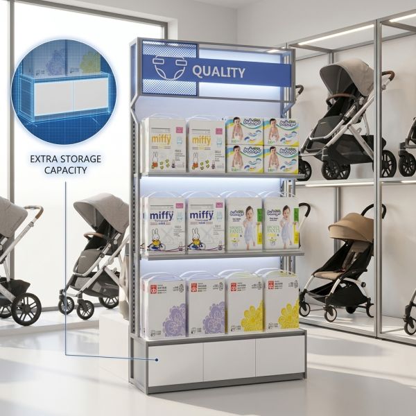 Stroller Display Rack Baby Shop Fixtures Adjustable Steel Frame MDF Shelving for Retail Store