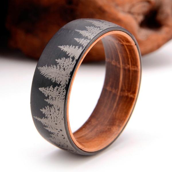 Black Forest Mountain Men'S Tungsten Wedding Band Diamond Shape 8mm With Whiskey Barrel Wood Liner