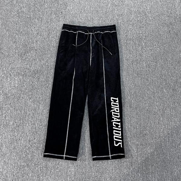 Custom Embroidery logo Corduroy Sweat Pants Trousers Letter Patchwork Wide Leg Baggy Straight Fit Cut Sew Sweatpants Men