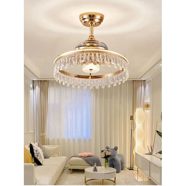 Retractable Blade Modern Folding Fan Light Remote Control Chandelier LED Invisible Ceiling Fan Crystal Light (WH-VLL-29)