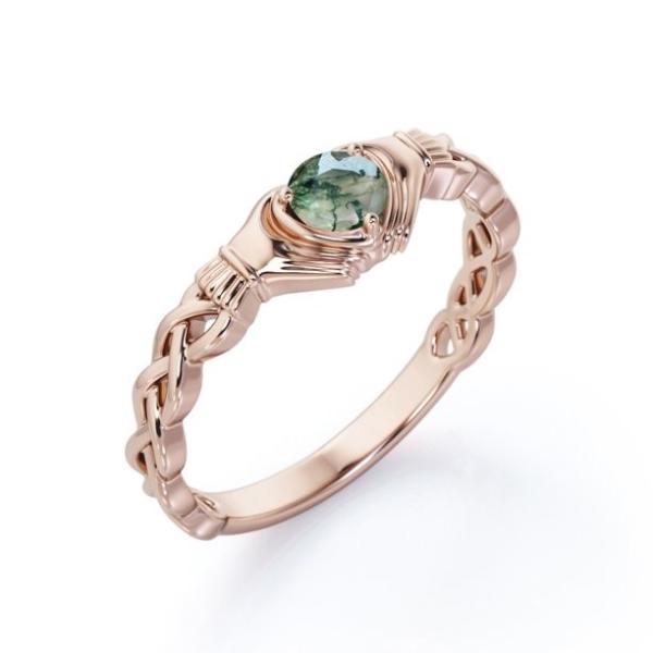 Агат зеленого цвета мха Druzy круглого гениального отрезка ясный - заплетенное обручальное кольцо