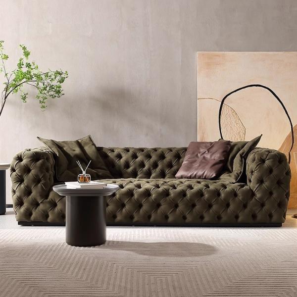 Solid Wood Legs Living Room Sofa Genuine Leather Sofa 3 Seater Dark Green
