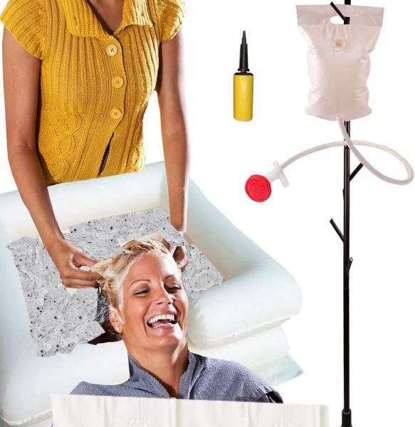 Inflatable Shampoo Basin with Bedside PVC Shower Bag Combo Pack, Shampoo Bowl with Sprayer and Water Bag