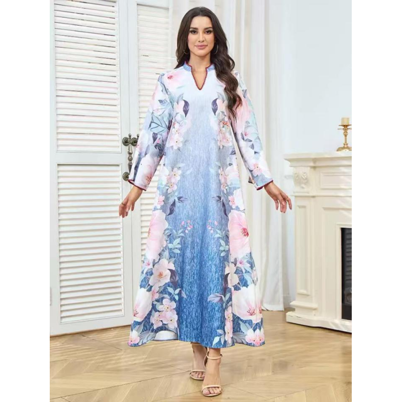 MT535  Middle Eastern Modest Wear Ombre Floral Print V-Neck Abaya