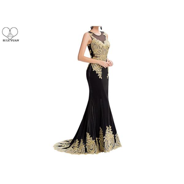Velvet Fishtail Long Mermaid Style Prom Dress Gold Lace Sleeveless Open Back