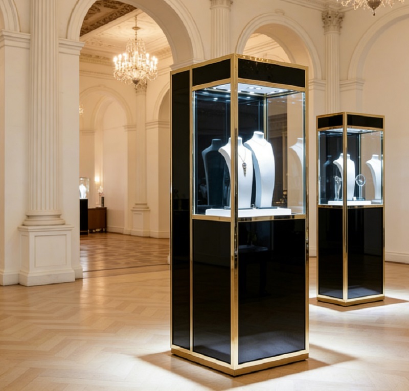 Freestanding Gold Trim Jewelry Display Cabinet with Built-in LED Lighting for Luxury Retail Stores