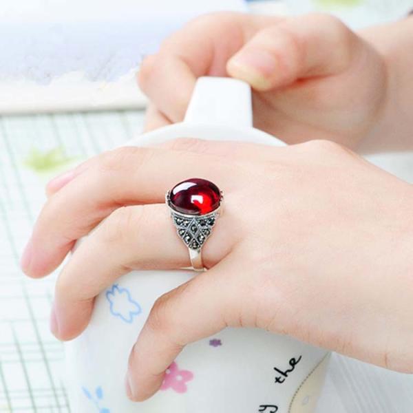 Thai Silver Jewelry Sterling Silver Red Cubic Zirconia Marcasite Ring (R111702)