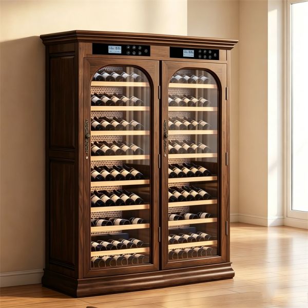 Dual-Zone Solid Wood Wine Cooler Cabinet With Digital Control Glass Doors
