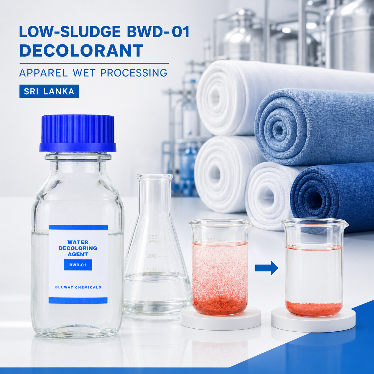 Low-Sludge BWD-01 Water Decoloring Agent for Apparel Wet Processing Wastewater in Sri Lanka