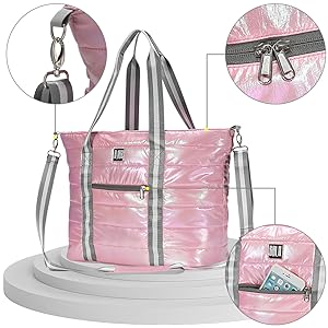 handle bag, handy bag, travel bag, Women Tote Bag, Quilted Puffer Work Shoulder Bag With Laptop Compartment Trolley Sleeve, Large Puffy Travel Handbag