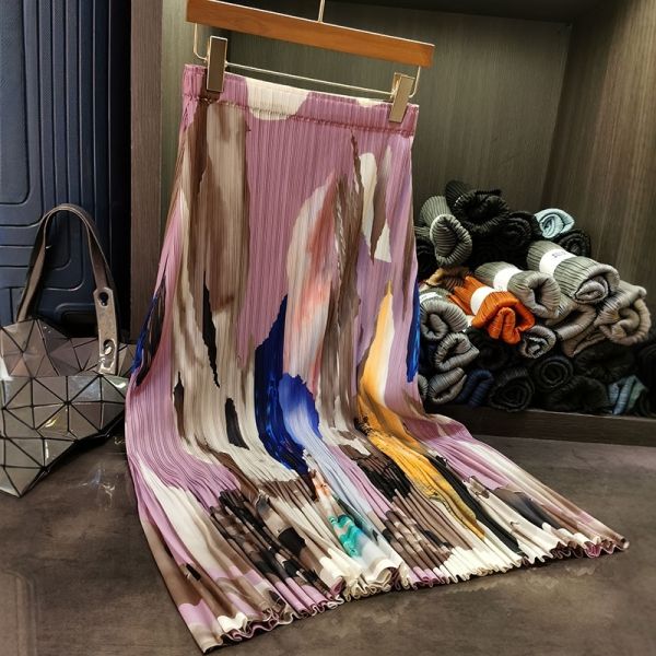 Women's Retro Style Summer Half Skirt New Casual Elastic Waist Pleated Mid-Length Design Oil Painting Contrasting Detail