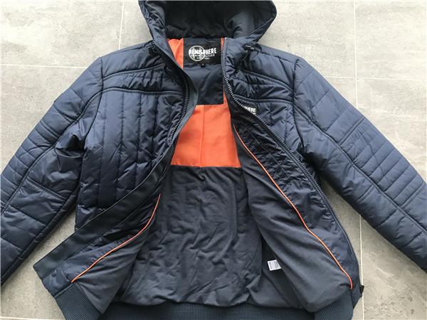 Plastic Zip Pu Leather Coat Navy Polyester Nylon Bomber Puffer Jacket With Hood TW77571