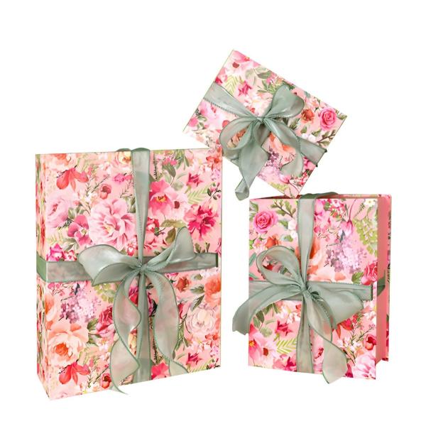 Floral Rigid Gift Box Hinged Cosmetic Paper Packaging Box Pink With Sage Green Ribbon