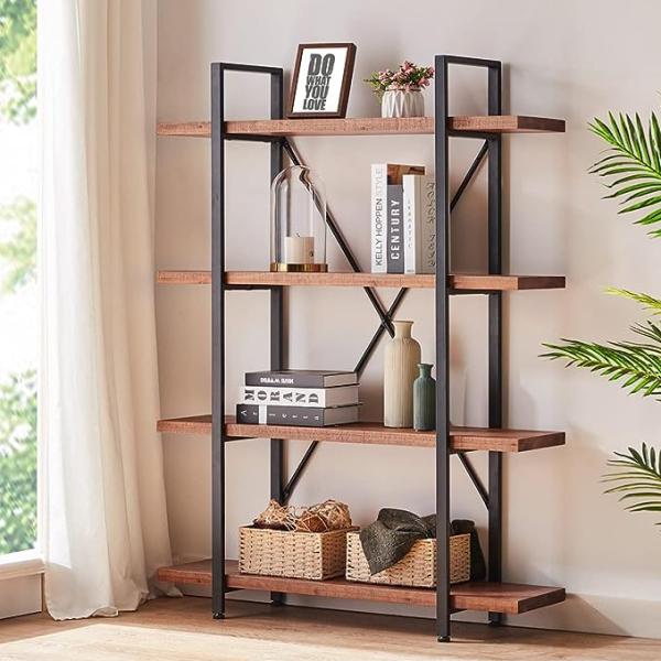 Rectangle 4 Tier Natural 4 Shelf Rustic Solid Real Wood Bookshelf Metal Bookcase Living Room Furniture