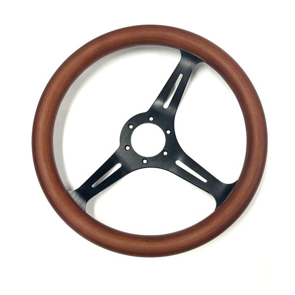 14 Inch  Classic Wood Mahogany Steering Wheel Matte Black Brushed Aluminum Spokes