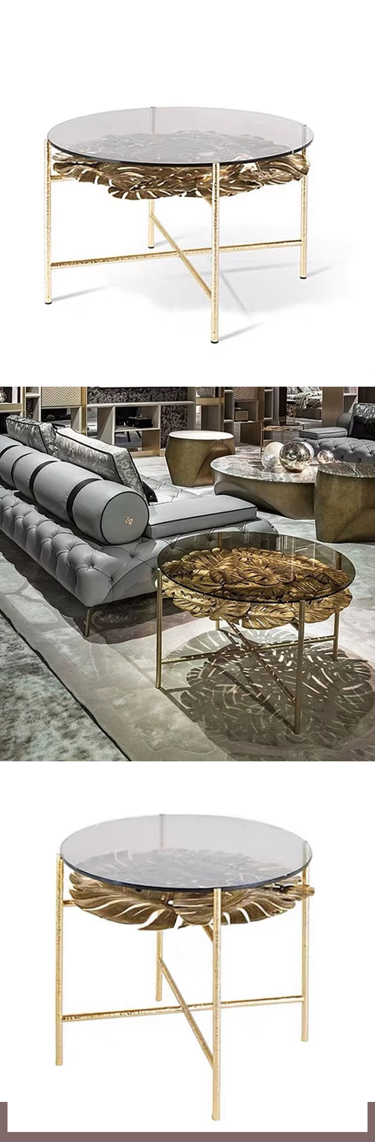 High-end Customized Light Luxury Pure Copper Tea Table a Brass and Glass Coffee Table for the Living Room of a Villa