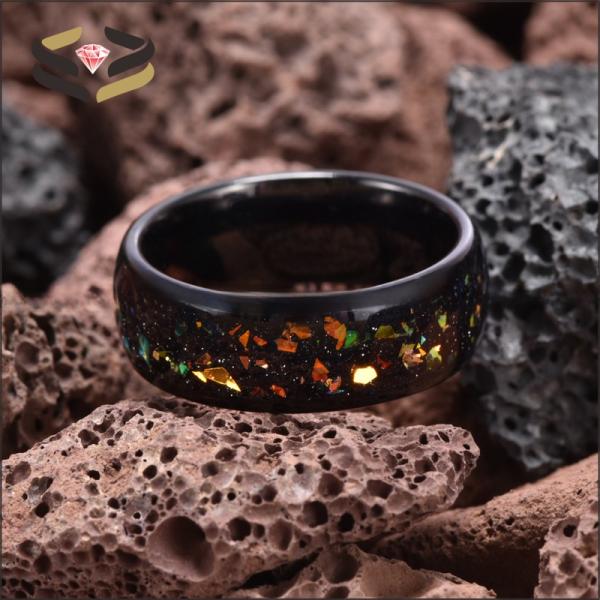 Anillo de boda de tungsteno negro abovedado de 8 mm con incrustaciones de ópalo colorido y otras incrustaciones tipo perla