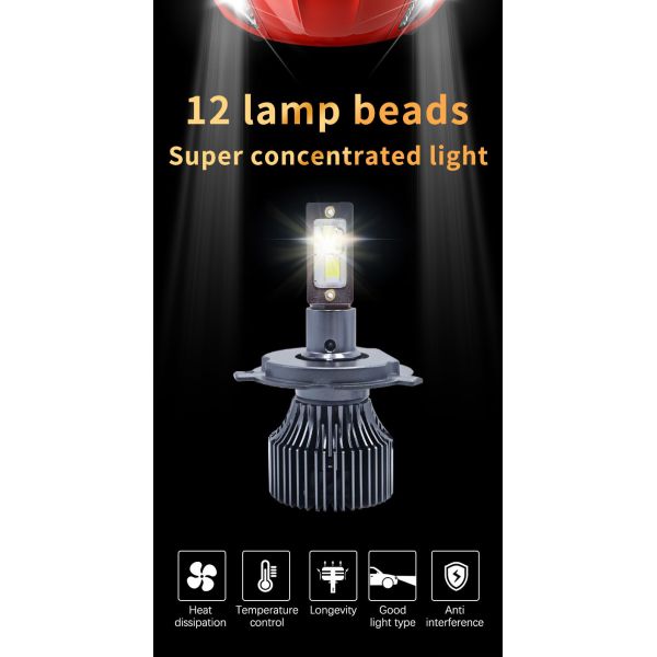 New 100W 10000LM H4 LED Headlight Bulb 6500K 12V-24V Plug & Play Universal Fitment with 24-Month Warranty