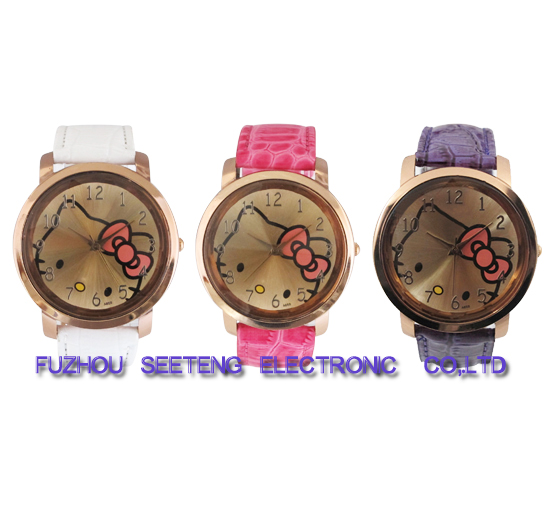 Colorful PU leather strap watches for young girls and cute hello kitty dial watch for sell