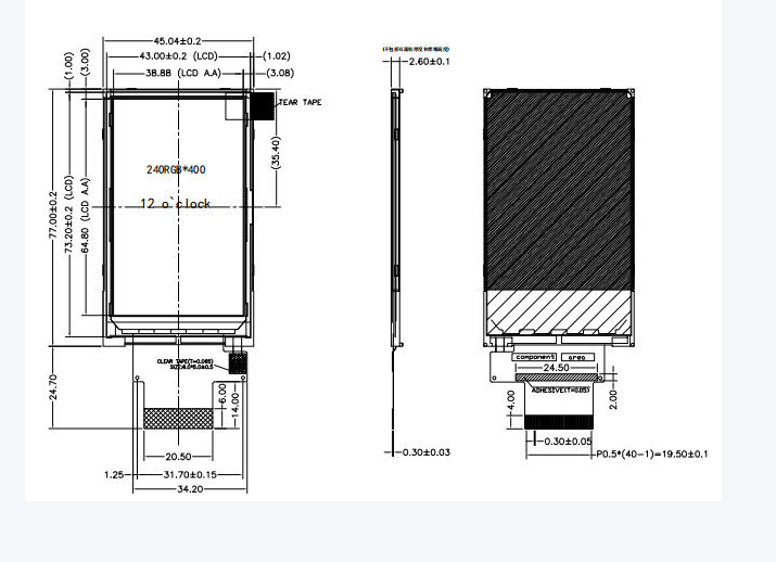 3.0 Inch TFT LCD Touch Screen with 65k Display Colors 340Cd/M2 Brightness and 9 O'Clock Viewing Direction