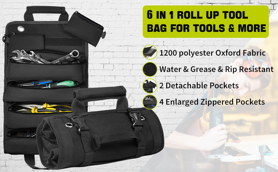 Rolling Tool Bag with 2 Detachable Pouches, Heavy Duty Roll up Tool Bag,Carpenter Tool Bag, Tool Roll Bag,rolling Tool Bag