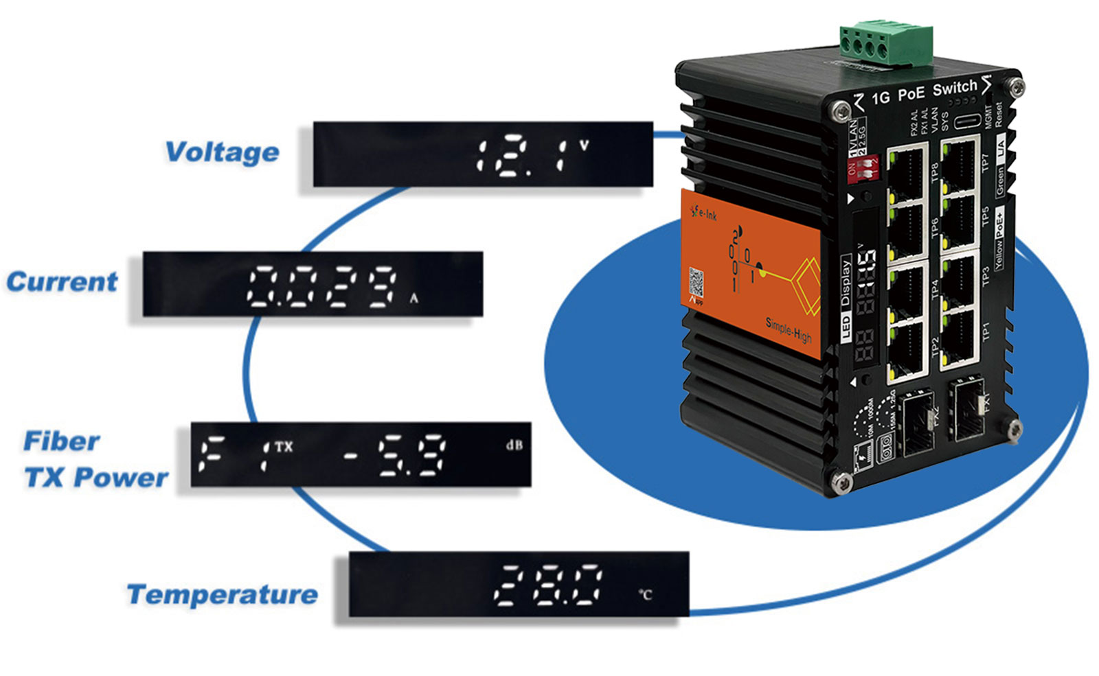 AI Smart Managed 8-Port PoE+ 30W Industrial Switch with 9-54VDC Wide Voltage and -40°C to +75°C Operating Range