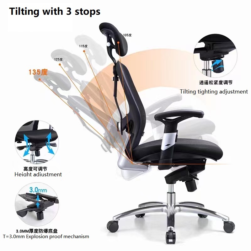 Ergonomic Office Chair with Adjustable Head Support and PU Nylon Castors - 5 Years Warranty