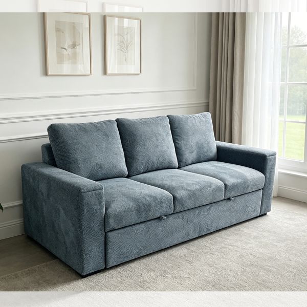 Futon Sofa Bed, Convertible Sleeper Sofa Bed with Adjustable Backrest,  Arms with Hidden Stainless Steel Cup Holders, Blue Fabric