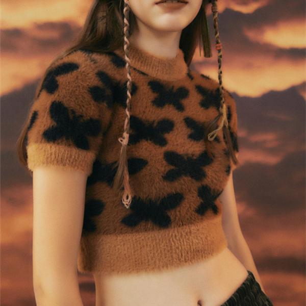 Short Sleeve Crop Top Knit Sweater Jacquard Woolen Sweaters For Ladies