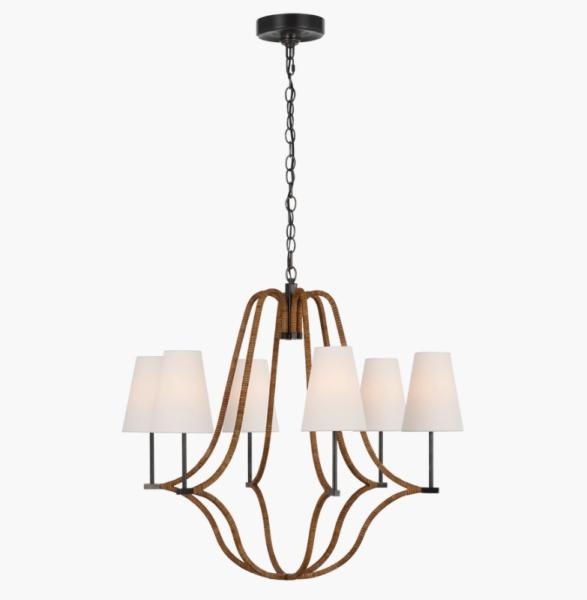 Vsual Comfort Biscayne Large Wrapped Chandelier CHC 5581 Antique-Burnished Brass And Natural Rattan