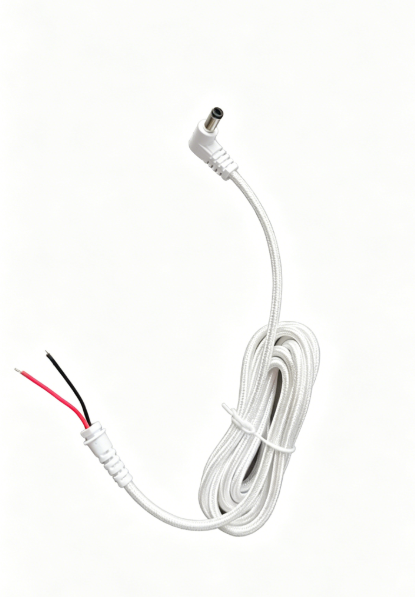 White Braided 90° Elbow DC Male Power Cable (Red & Black Bare Wire End)