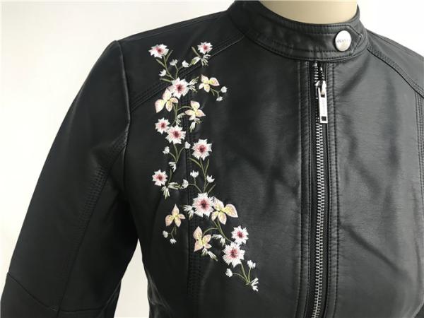 Multi Color Pu Leather Coat , Black Embroidered Mandarin Collar Flower Tw78425