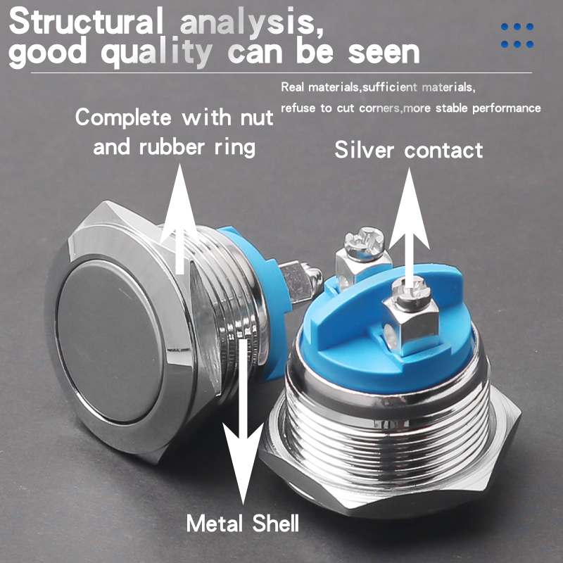 19MM Metal Push Button Switch With Screw Foot Welding Foot No LED Self-Reset Momentary High/Flat/Ball Head 1NO Jog Switch