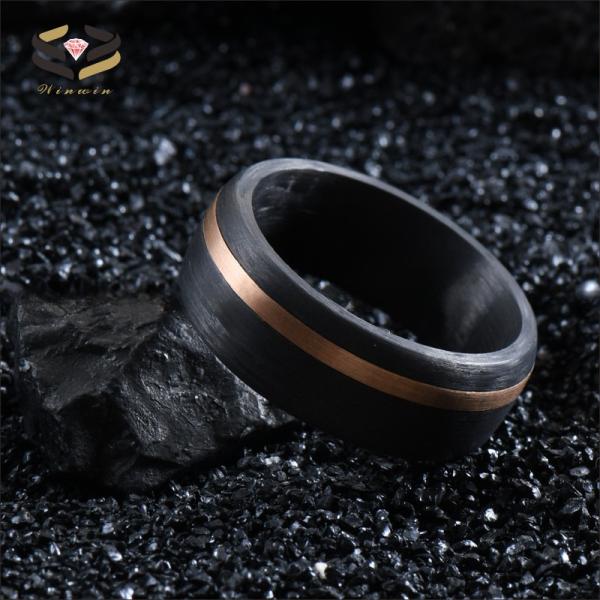 Carbon Fiber Rose Gold Circle Inlay Men's Wedding Band Black 8mm for Engagement
