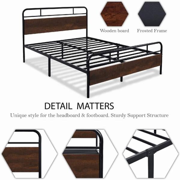 Industrial Farmhouse Cast Iron Bed Frame Platform Mdf Wood For Bedroom