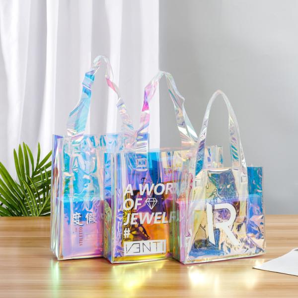 Custom Plastic Tote Bag With Handles Clear Beach Bags Transparent Stadium Bag Holographic Waterproof Versatile Beach Clear Printed Word Tote Bag Work Handbag Shoulder PVC Tote Shopping Bag