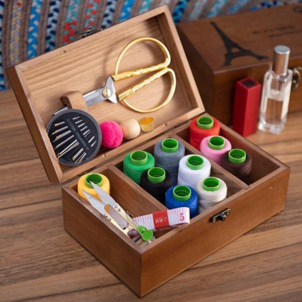 Custom Sewing Kit Set with Wooden Sewing Box Pine Wood Color Room Space Selection